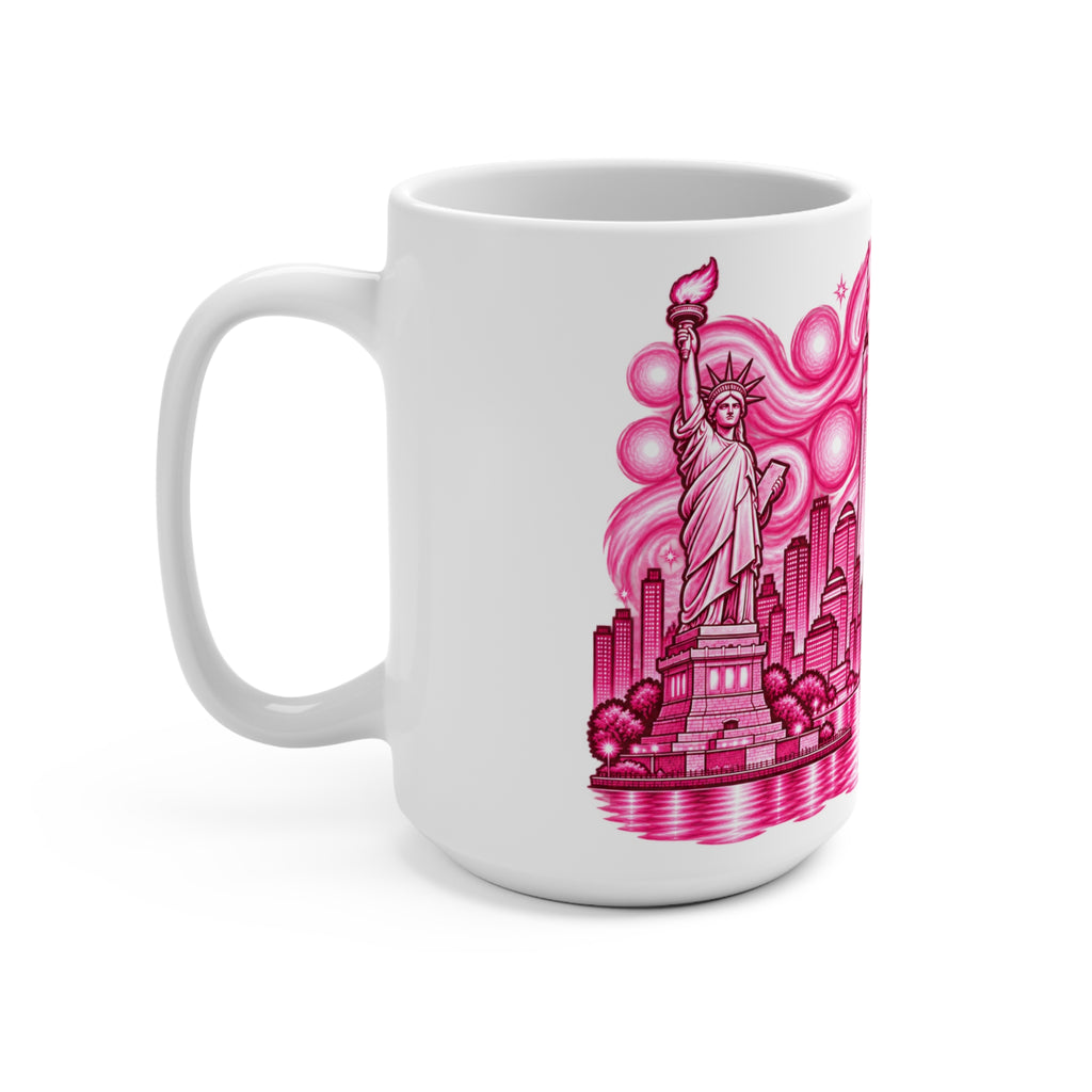 Pink Skyline Cityscape Mug | Hand-Drawn Skyscraper & Bridge Art