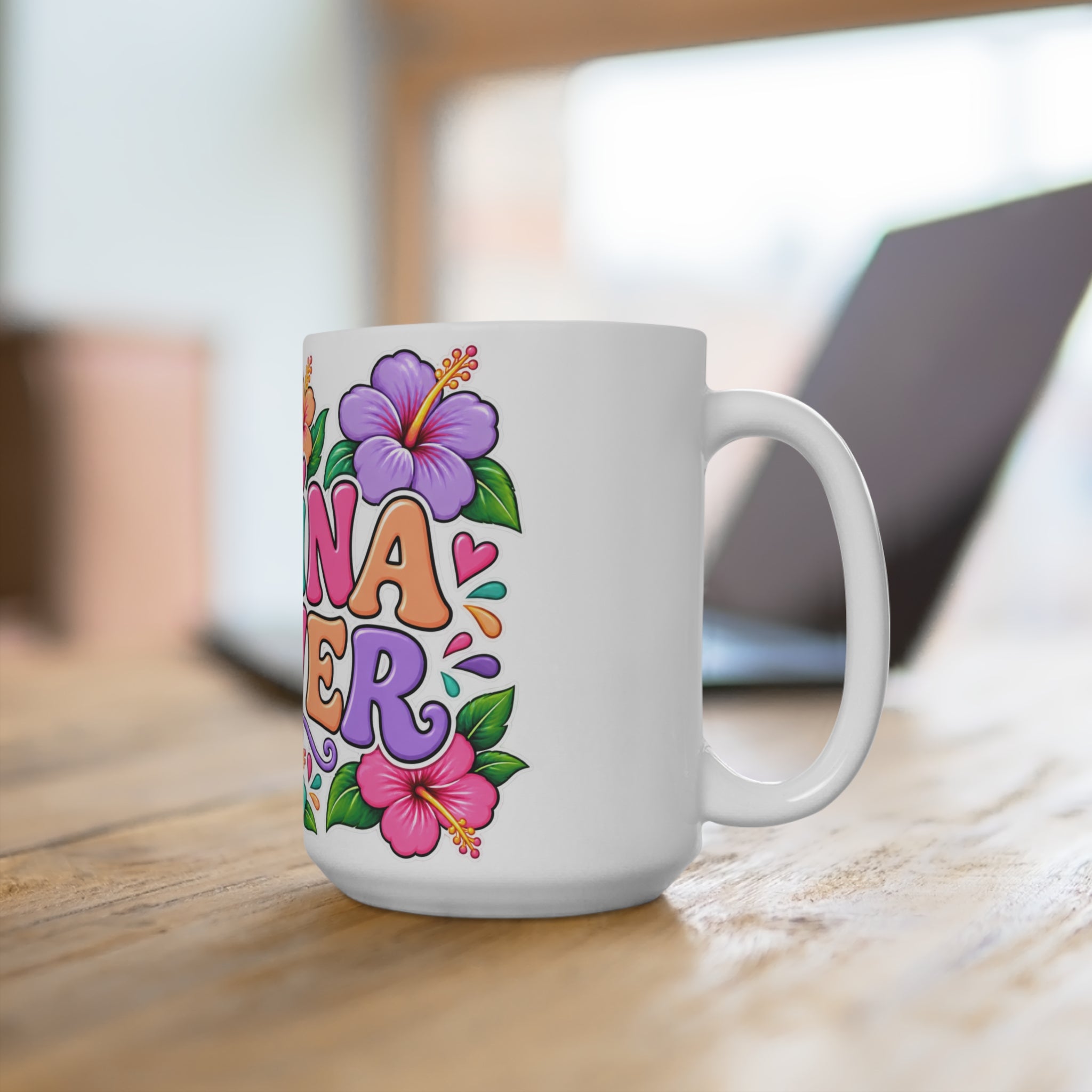 Latina Power Mug | Colorful Floral Retro Typography, 15oz Ceramic