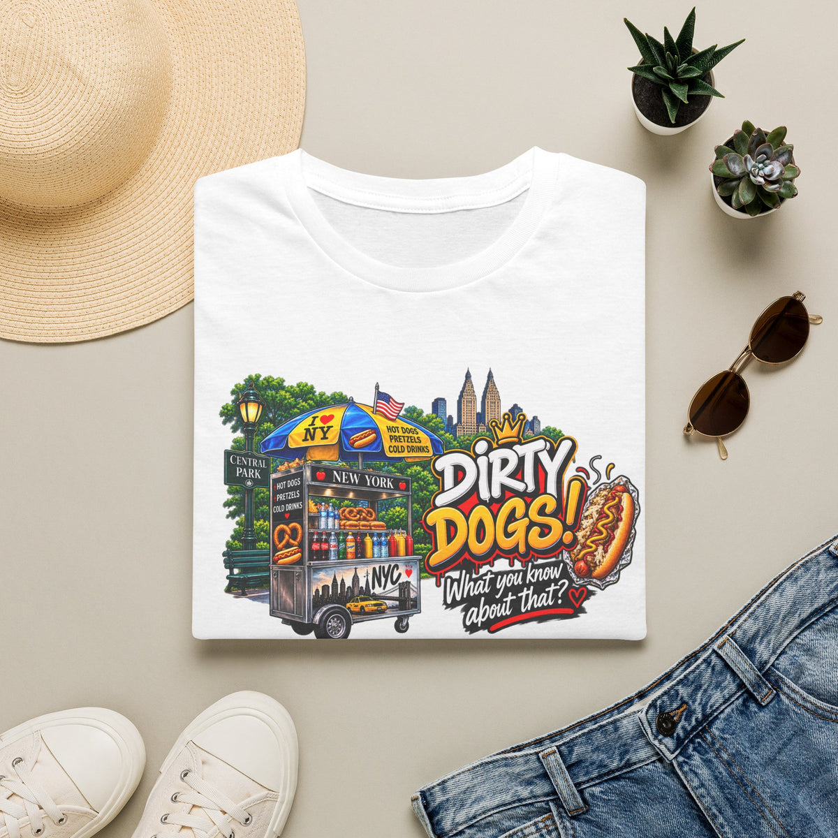 Dirty Dogs NYC Hot Dog Cart Street Scene T-Shirt