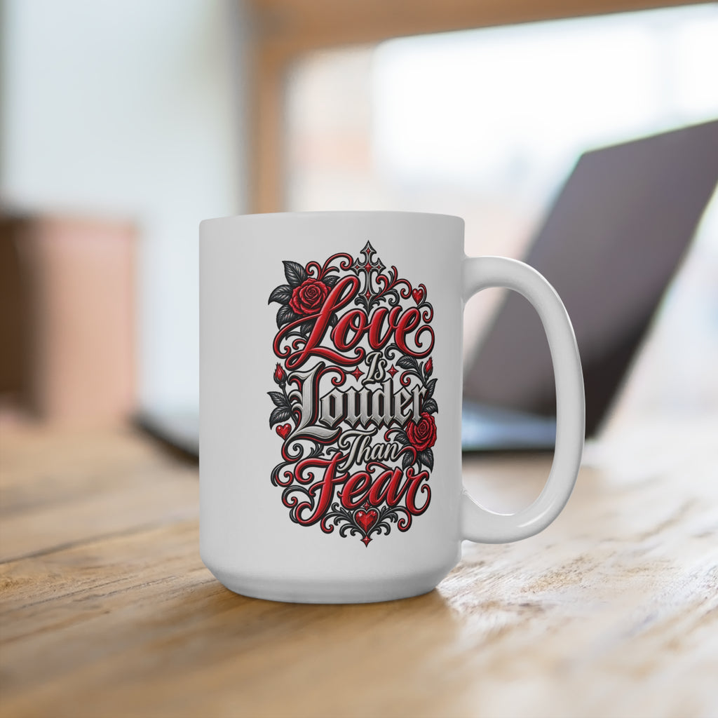 Love Is Louder Than Fear Mug | Red Roses Typography Coffee Cup
