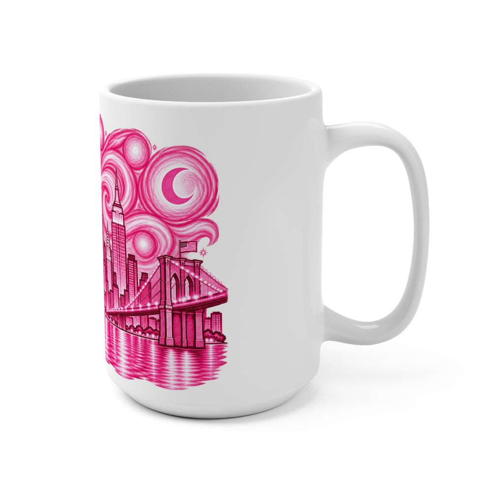 Pink Skyline Cityscape Mug | Hand-Drawn Skyscraper & Bridge Art