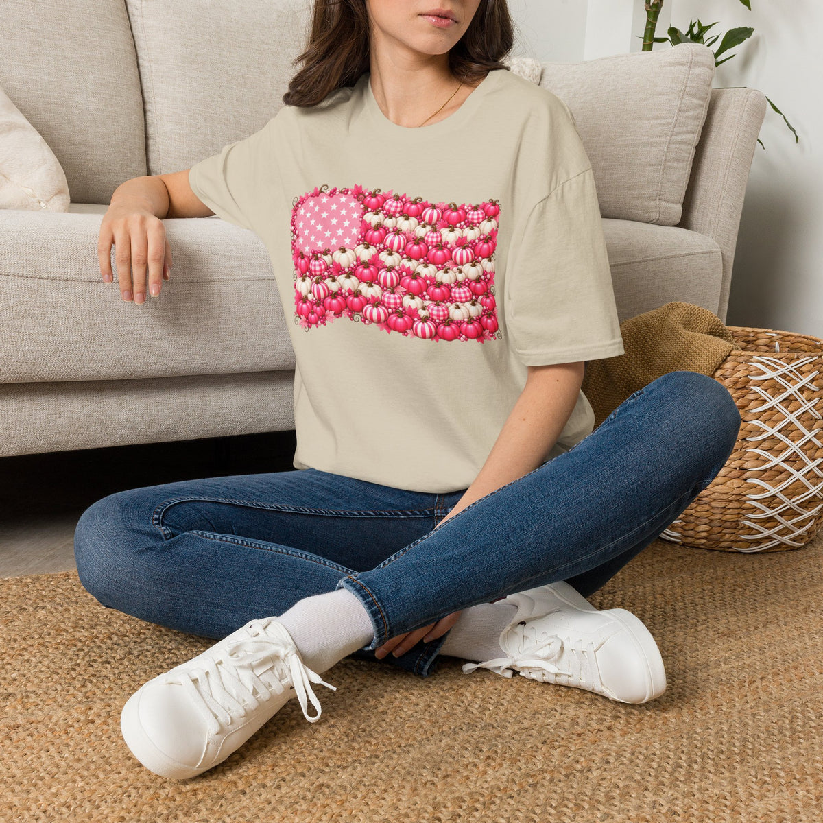 Pink & White Stars Pumpkin Patch American Flag T-Shirt
