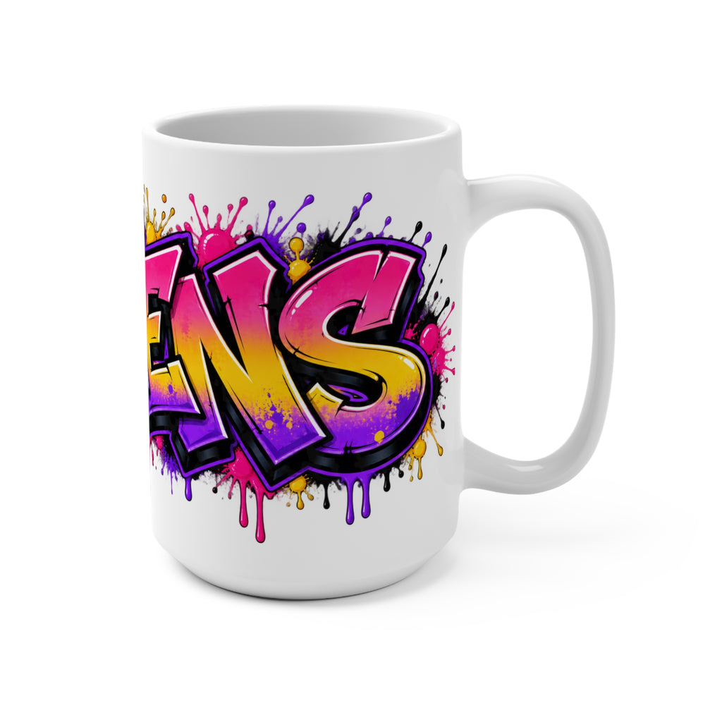 Queens Graffiti Art Mug | Colorful Drip Street Art 15 oz Ceramic