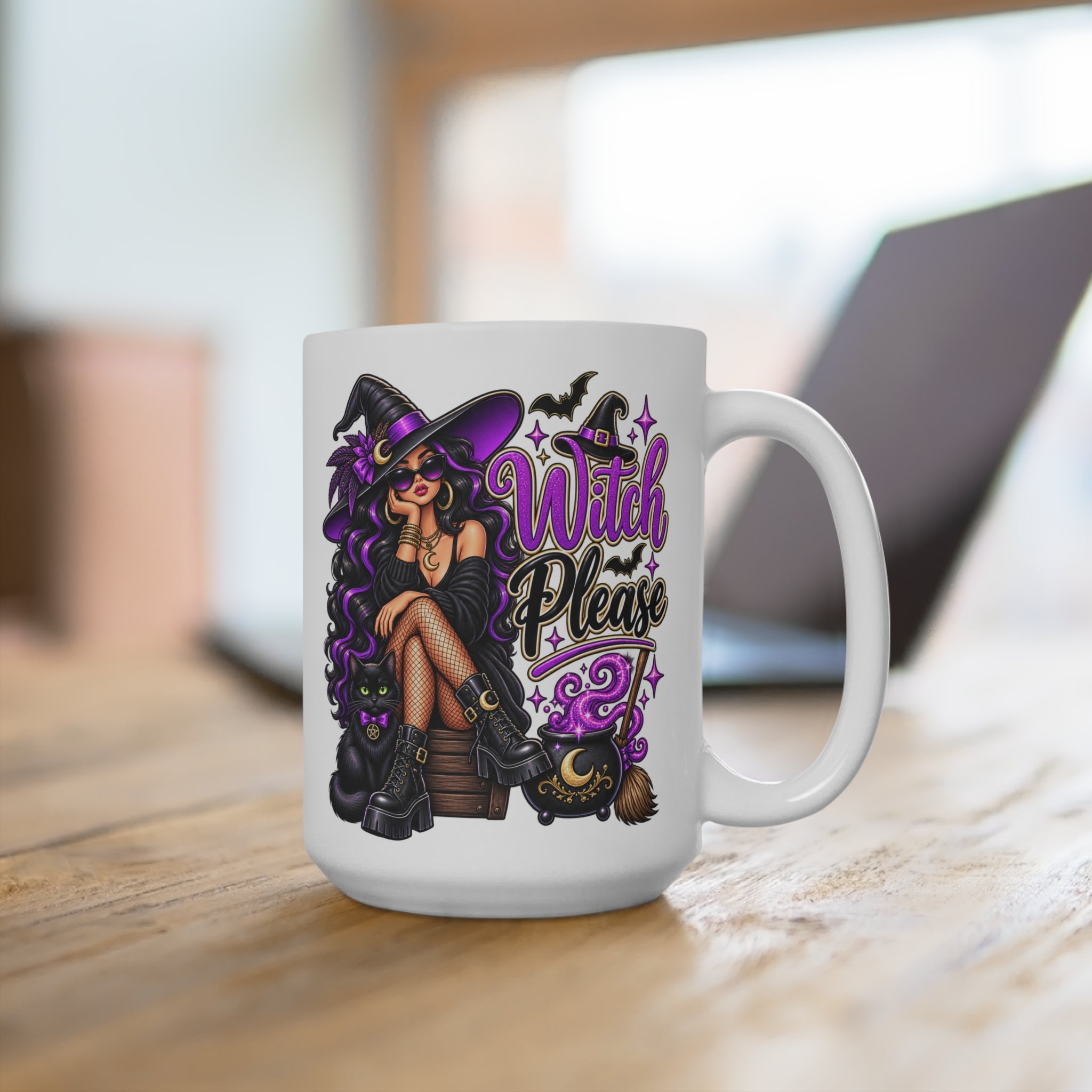 Witch Please Mug | Halloween Witch Illustration, Black Cat, Purple Accents