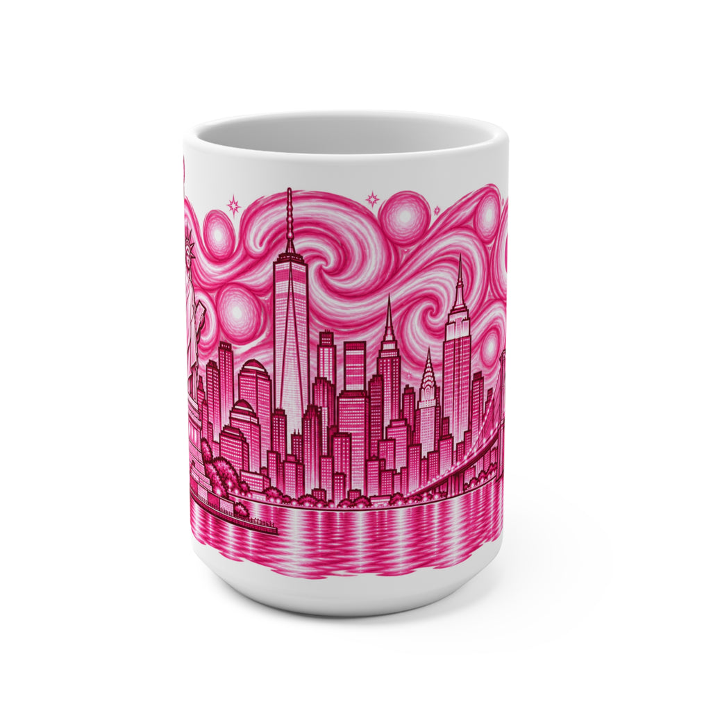 Pink Skyline Cityscape Mug | Hand-Drawn Skyscraper & Bridge Art