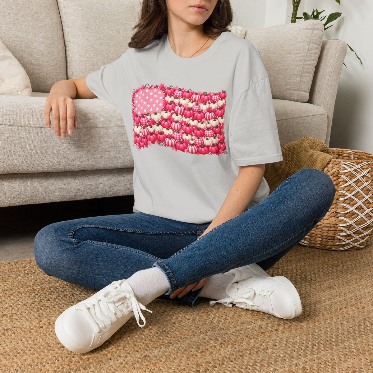 Pink & White Stars Pumpkin Patch American Flag T-Shirt