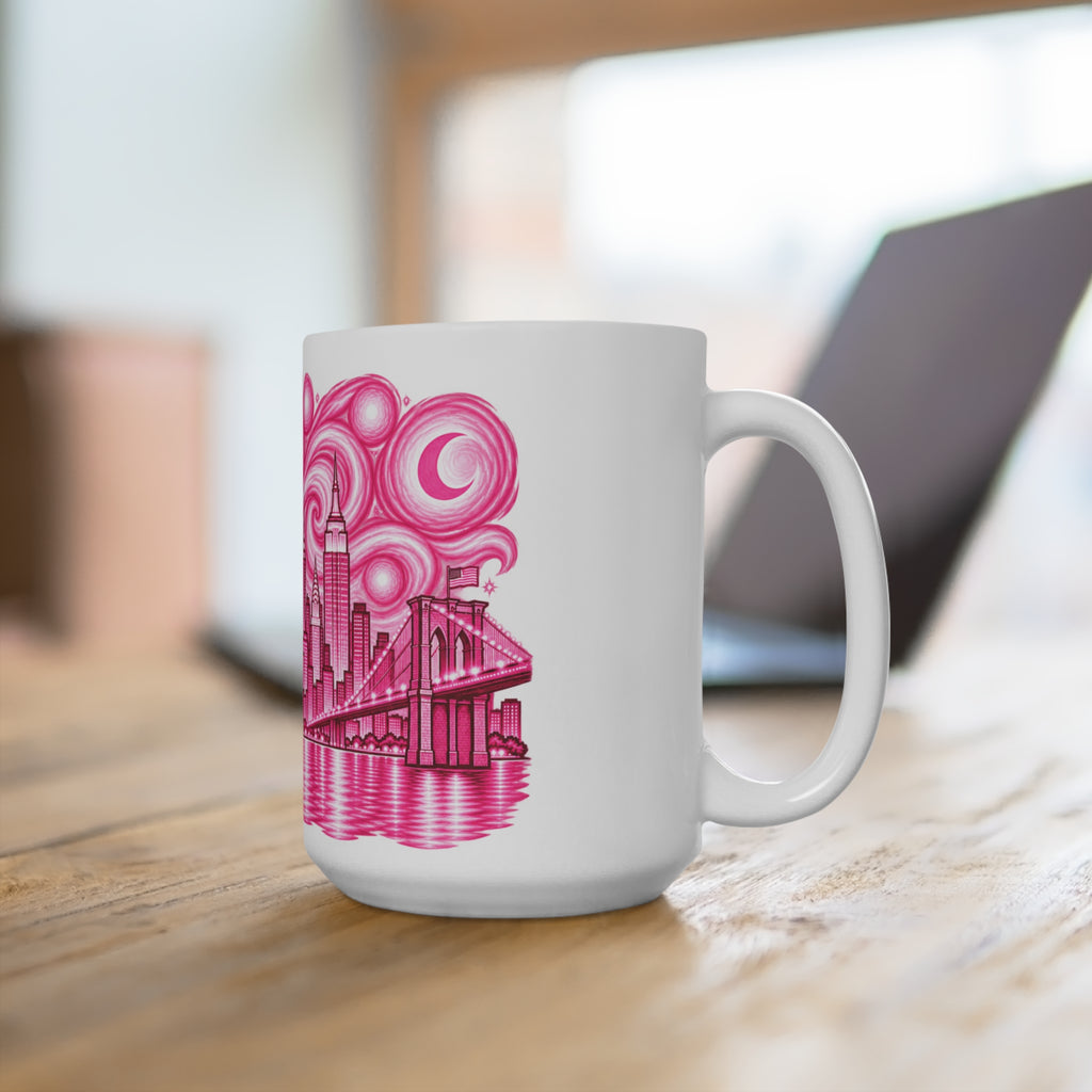 Pink Skyline Cityscape Mug | Hand-Drawn Skyscraper & Bridge Art