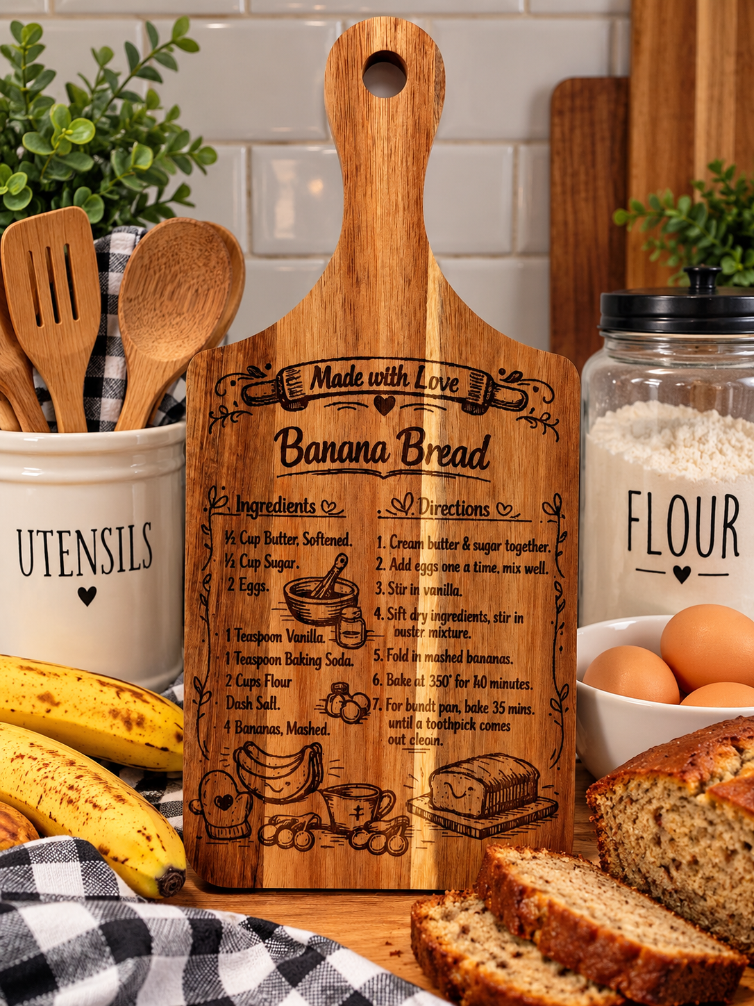 Banana Bread Recipe Laser Engraved on Mini Cutting Board