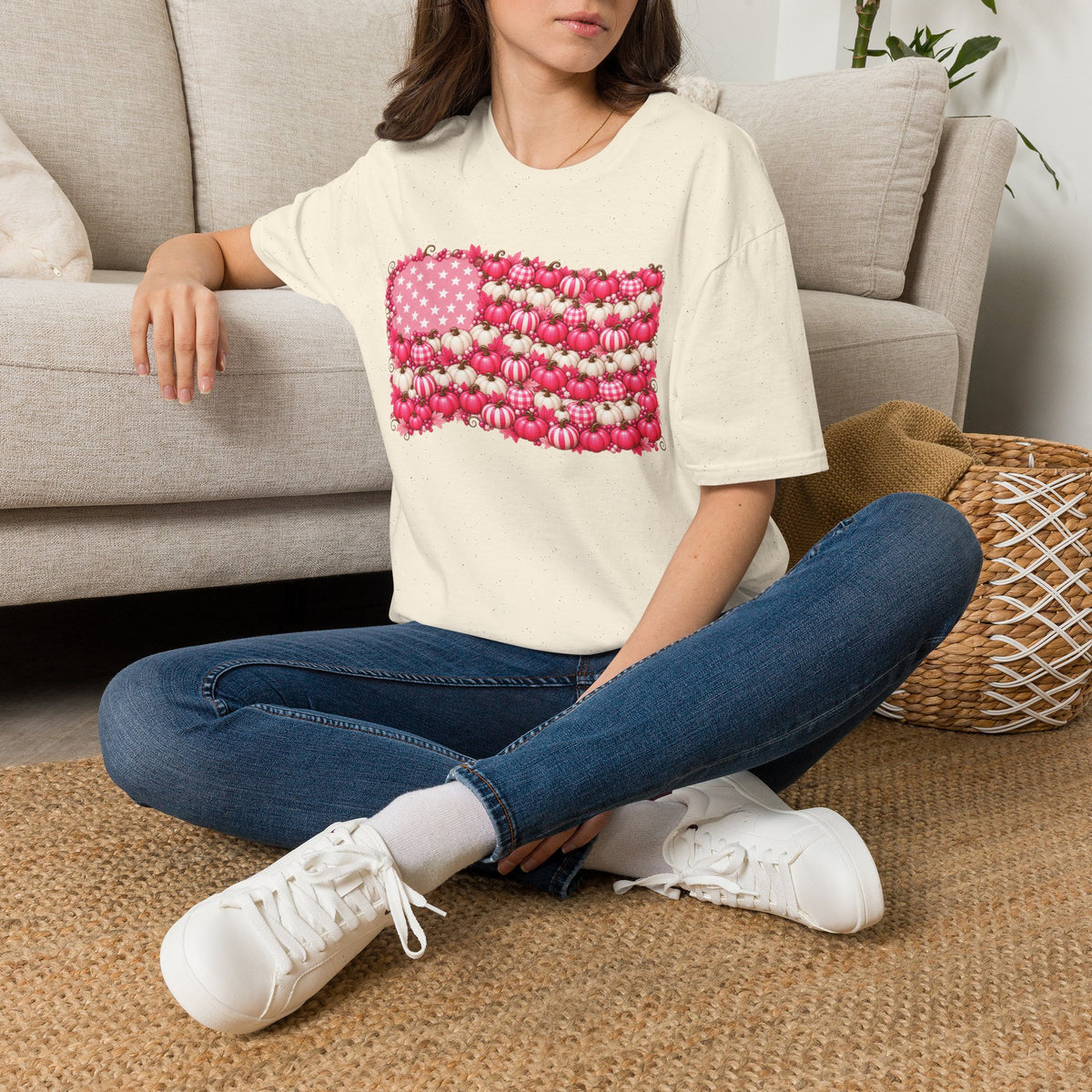 Pink & White Stars Pumpkin Patch American Flag T-Shirt