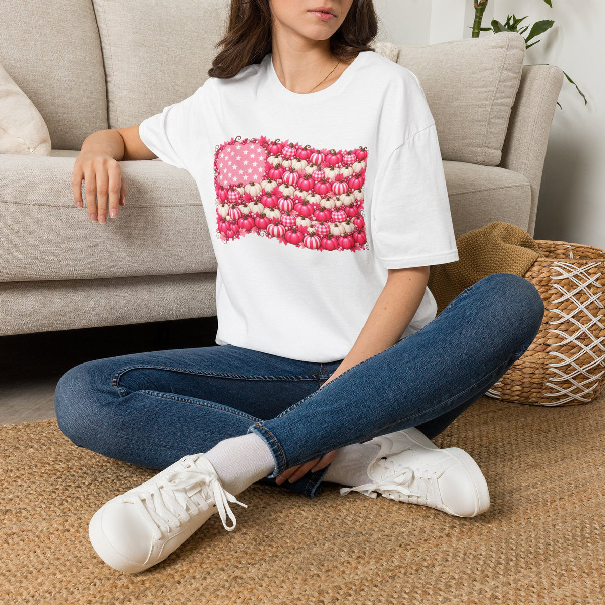 Pink & White Stars Pumpkin Patch American Flag T-Shirt